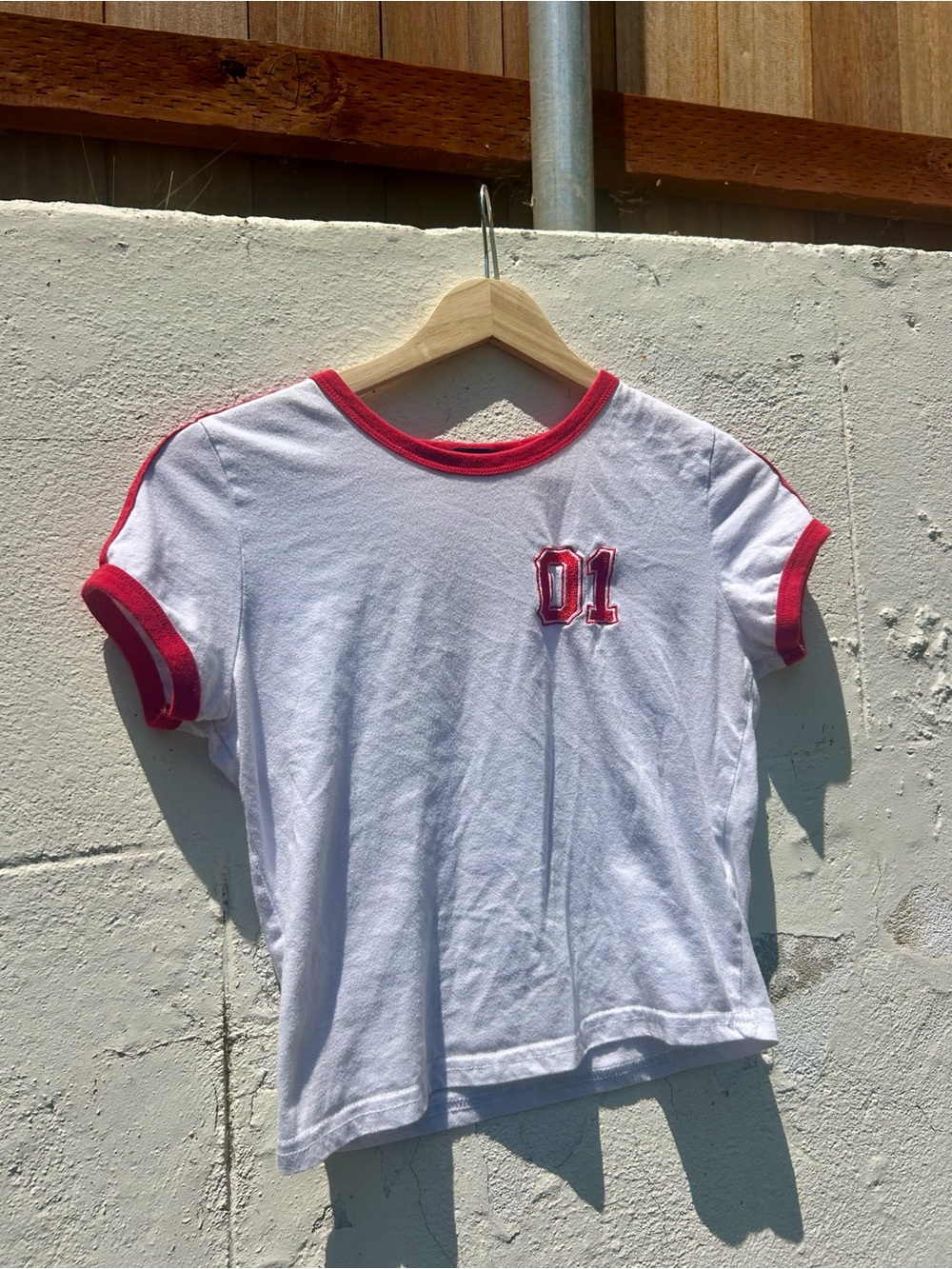 White & Red Ringer Tee with '01' Patch